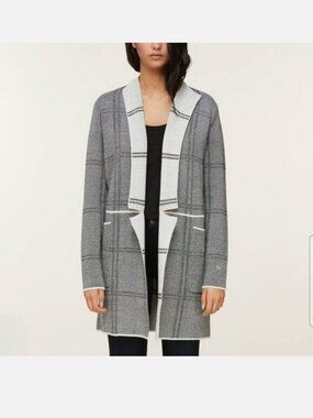 Soia & Kyo Benela Wool Blend Knit Long Cardigan Coat Duster Sz S  Grey plaid